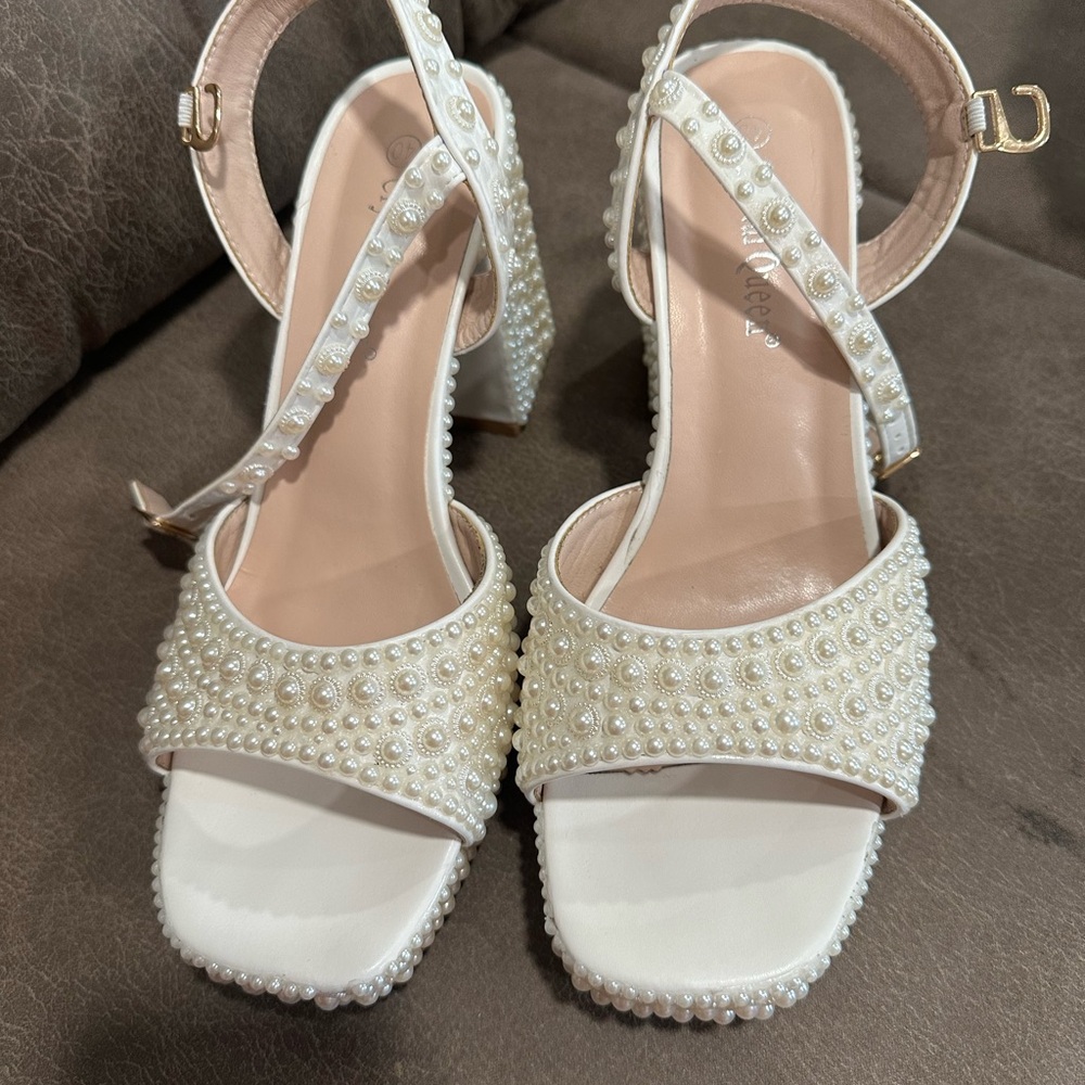 Pearl-Studded Cream Heels